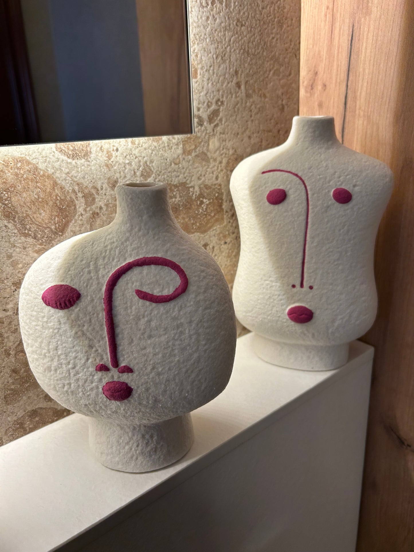 Juego De 3 Jarrones Cara Abstracto Porcelana Fucsia/Blanco