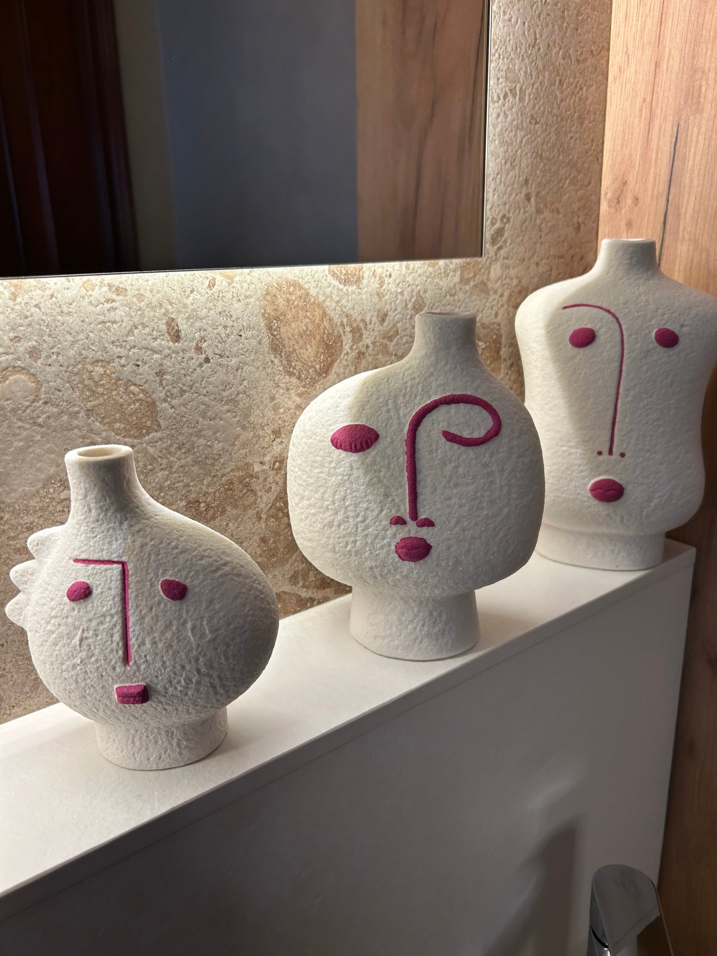 Juego De 3 Jarrones Cara Abstracto Porcelana Fucsia/Blanco